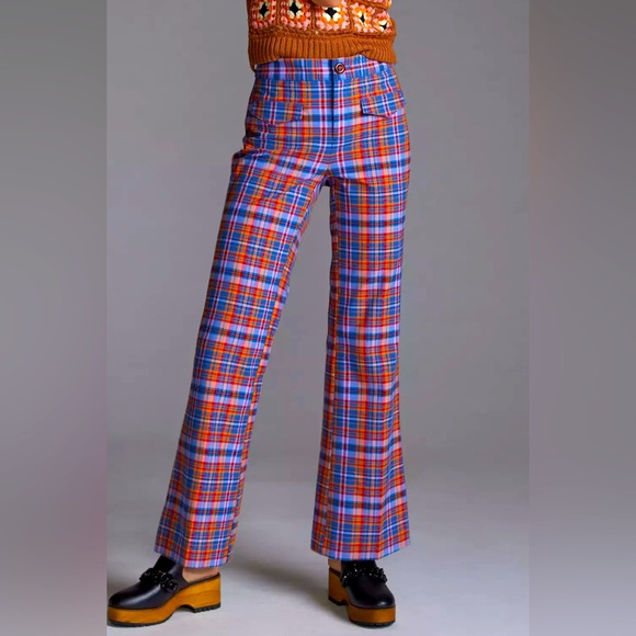 ANTHROPOLOGIE Mauve Flared Plaid Pants Size 6 - Picture 1 of 15